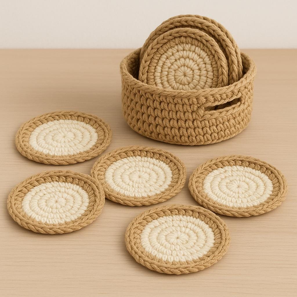 Crochet Coasters Pattern with Basket: Easy Round Coasters (PDF Download) BBM