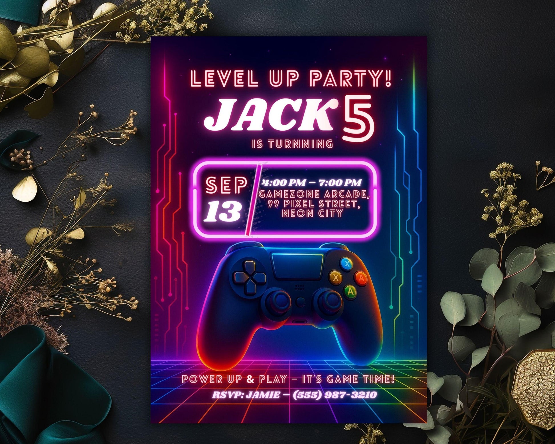 Gamer Birthday Invitation | Neon Cyberpunk Party Template | Video Game Birthday Invite BBM