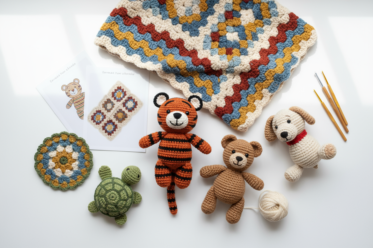 crochet pattern bundle examble tiger bear dog coaster turtle blanket