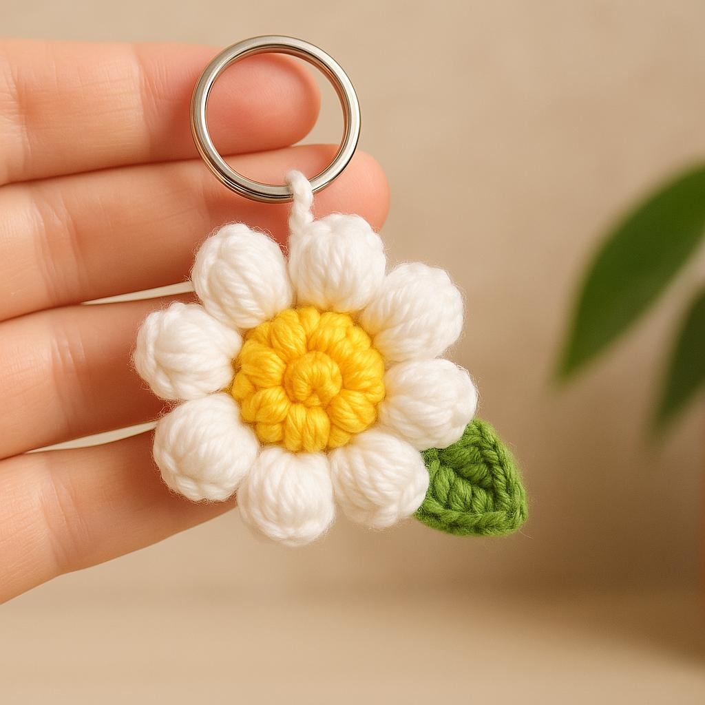 3D Daisy Keychain Crochet Pattern | Puff Stitch Flower PDF | Easy Crochet Gift Tutorial BBM