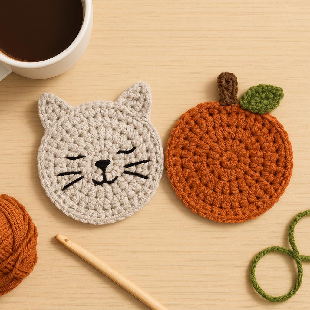 Crochet Coaster Pattern Bundle | 2 Easy PDF Patterns – Cat & Pumpkin Coaster Set BBM