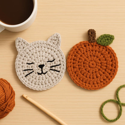 Crochet Coaster Pattern Bundle | 2 Easy PDF Patterns – Cat & Pumpkin Coaster Set BBM