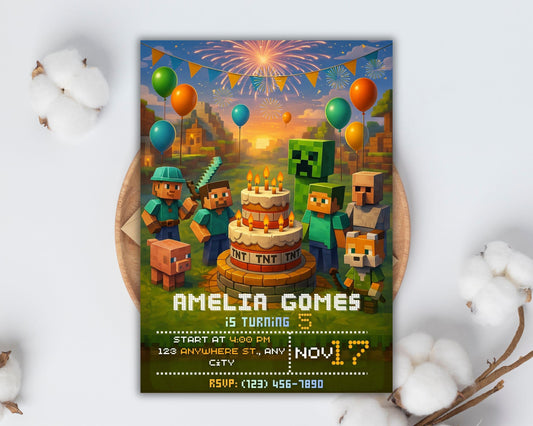 Gamer Birthday Invitation | Pixel Block Party, Adventure Game (Digital Download Card) BBM