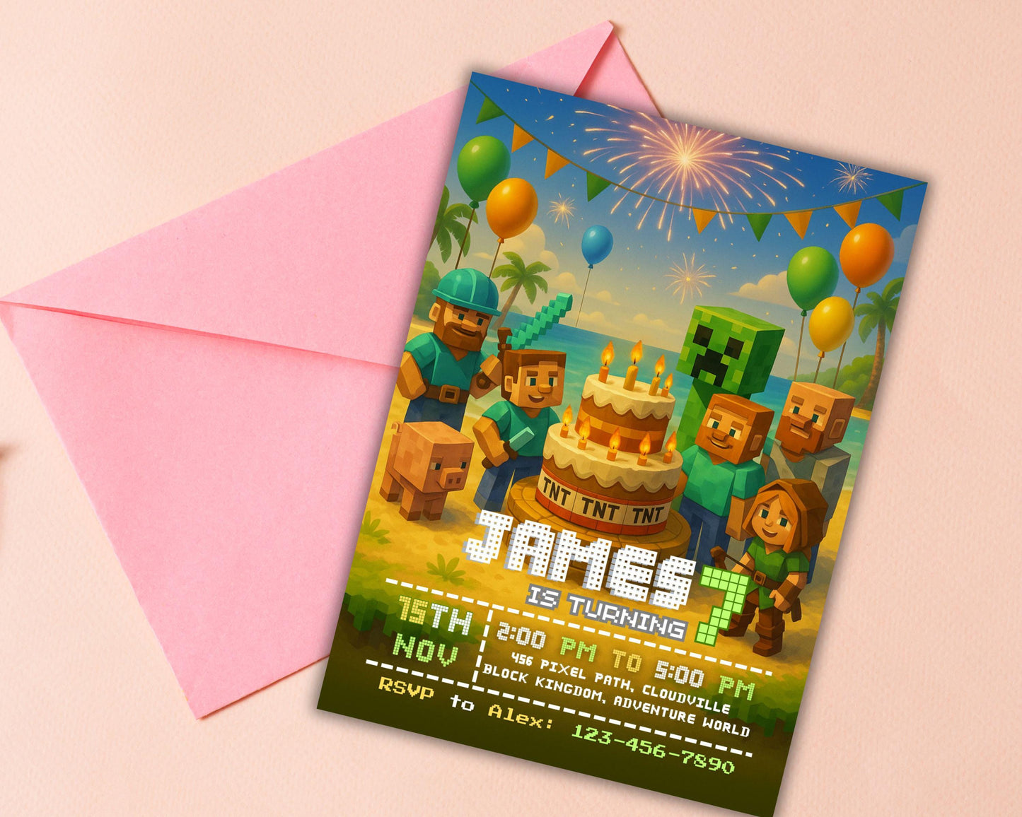 Editable Birthday Invitation | Pixel Desert Party Template | Adventure Game Theme | Boys Birthday Canva Invite BBM