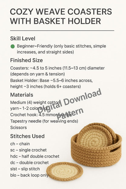 Crochet Coasters Pattern with Basket: Easy Round Coasters (PDF Download) BBM