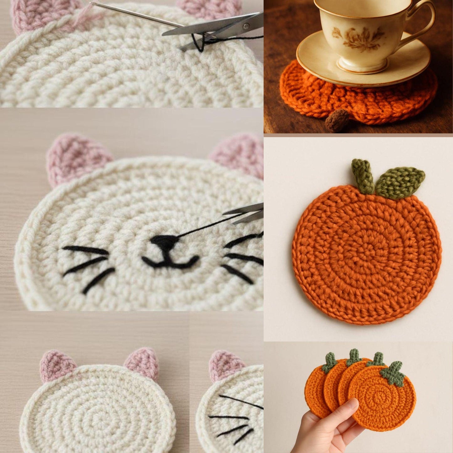 Crochet Coaster Pattern Bundle | 2 Easy PDF Patterns – Cat & Pumpkin Coaster Set BBM