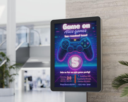 Editable Gamer Birthday Invitation | Neon Game Party | Video Games Birthday Card BBM