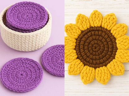 Crochet Pattern Bundle: Beginner Coaster Holder & Sunflower Coaster Basket BBM