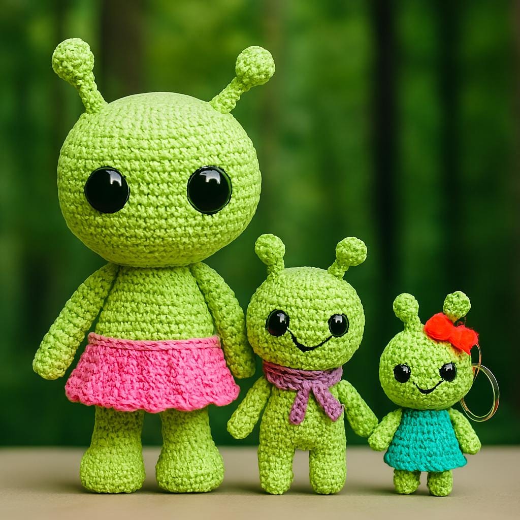 Alien Family Crochet Pattern Bundle | Plushie, Mini Keychain & Baby Amigurumi | Beginner Friendly PDF BBM