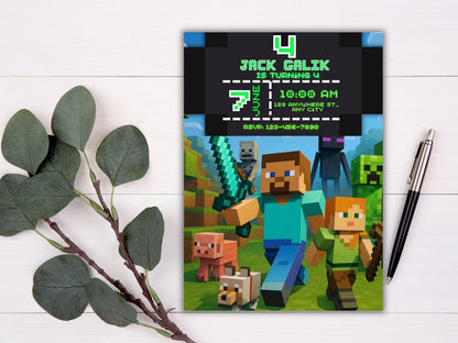 Editable Pixel Game Birthday Invitation | Block Party Card Canva Template (5x7) Digital File BBM