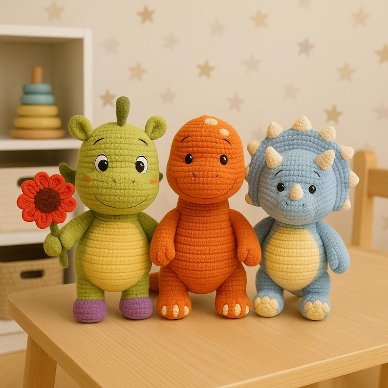 Crochet Dinosaur Pattern Set of 3 | Amigurumi Dinosaurs PDF | Plush Dino Triceratops & Diplodocus | Crochet Dino Toy | DIY Dragon Crochet BBM