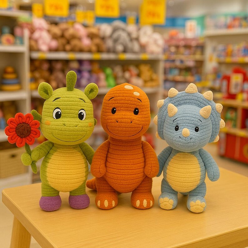 Crochet Dinosaur Pattern Set of 3 | Amigurumi Dinosaurs PDF | Plush Dino Triceratops & Diplodocus | Crochet Dino Toy | DIY Dragon Crochet BBM